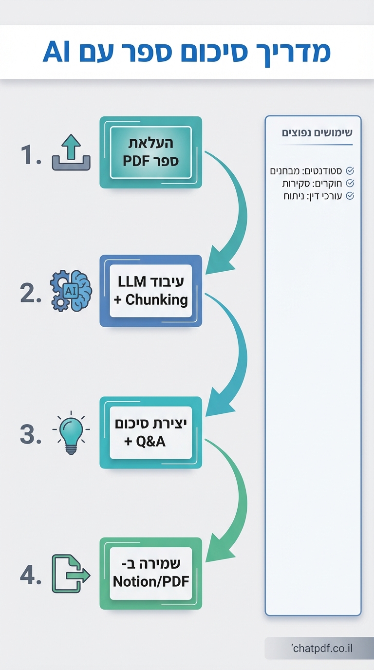 vertical 9:16 workflow diagram in professional style, slate gray and blue palette with teal highlights. Title at top: "מדריך סיכום ספר עם AI" in bold blue on white banner. Numbered steps left-aligned: 1. Icon upload arrow to "העלאת ספר PDF" teal box. Arrow right/down to 2. AI gears icon in blue box "עיבוד LLM + Chunking". Arrow to 3. Lightbulb icon in teal box "יצירת סיכום + Q&A". Arrow to 4. Export icon in green box "שמירה ב-Notion/PDF". Right side: sidebar with Hebrew use cases bullets: "סטודנטים: מבחנים", "חוקרים: סקירות", "עורכי דין: ניתוח". Flow arrows curved teal. Bottom-right credit: chatpdf.co.il on thin gray bar.