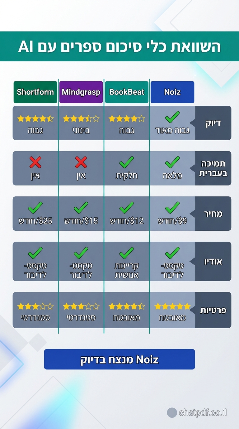 vertical 9:16 comparison table infographic, modern flat design with blue columns, slate gray rows, teal headers. Title top: "השוואת כלי סיכום ספרים עם AI" in white on teal bar. 4 columns narrow: Noiz (blue), BookBeat (teal), Mindgrasp (purple), Shortform (green). 5 rows Hebrew labels: "דיוק", "תמיכה בעברית", "מחיר", "אודיו", "פרטיות". Cells: checkmarks ✓, stars ★★★★☆, numbers like "$9", X for no. Bottom summary bar: "Noiz מנצח בדיוק". Credit: chatpdf.co.il bottom-right gray circle.