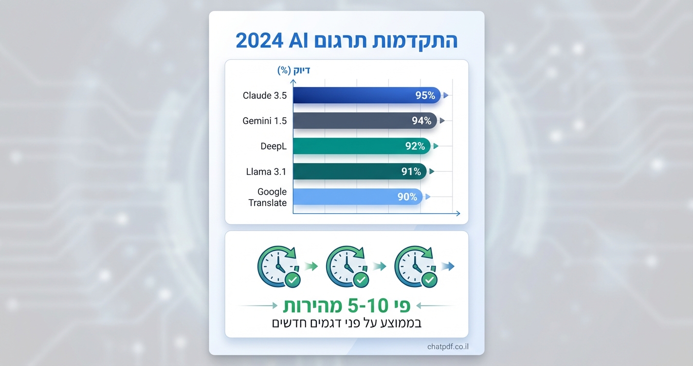 vertical 9:16 infographic in clean modern style with blues, slate grays, teals color palette. Top section: title "התקדמות תרגום AI 2024" in bold blue Hebrew text. Below: horizontal bar graph with 5 bars labeled in Hebrew: "DeepL" (teal, 92%), "Claude 3.5" (blue, 95%), "Gemini 1.5" (slate gray, 94%), "Google Translate" (light blue, 90%), "Llama 3.1" (dark teal, 91%). Y-axis: "דיוק (%)". Bottom section: speed icons with clock arrows, labels "פי 5-10 מהירות" in green. Small arrows pointing right for speed gains. Credit: chatpdf.co.il in small gray text bottom-right corner. Tall narrow layout for phone screen.