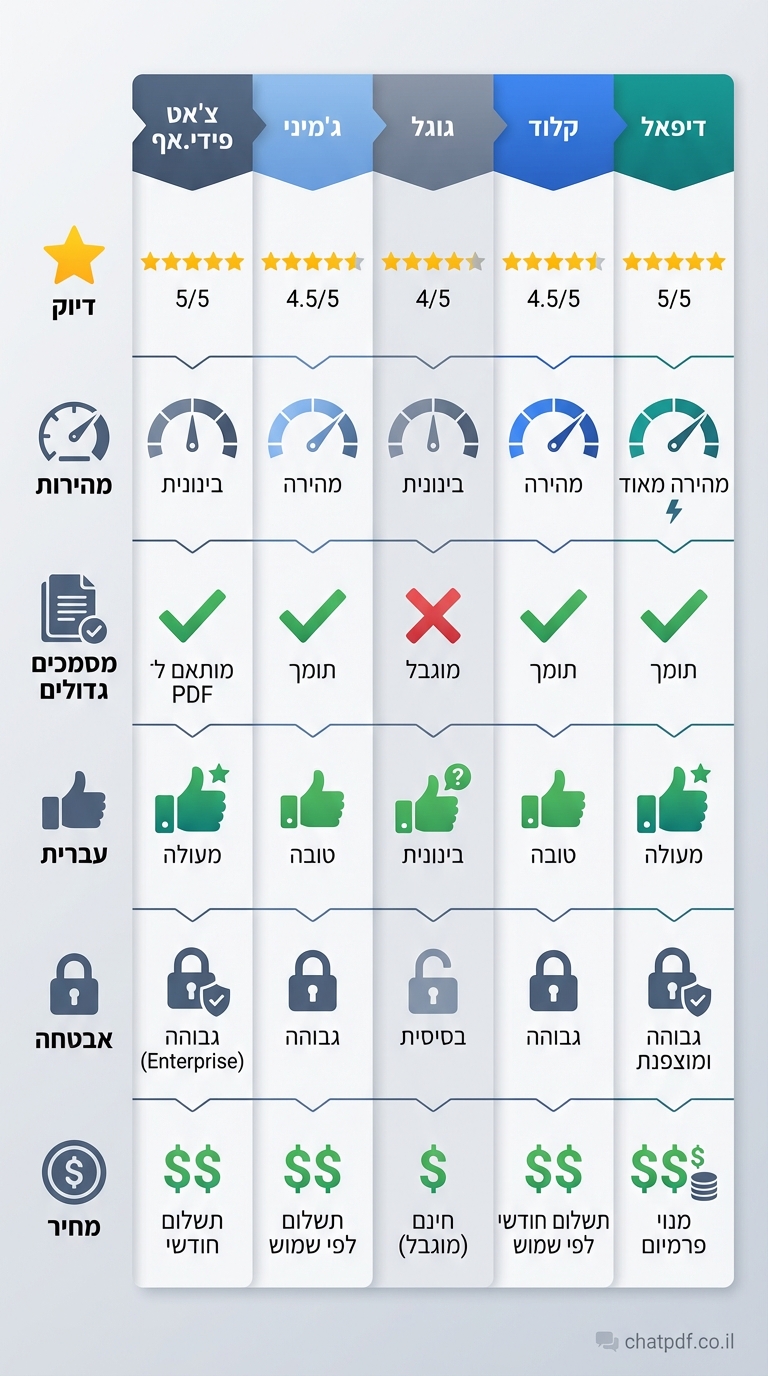 vertical 9:16 comparison table infographic for AI translation tools, clean modern style, blues/slate grays/teals. 5 columns narrow: labels top in Hebrew "DeepL", "Claude", "Google", "Gemini", "ChatPDF" in colored headers (teal, blue, gray, light blue, slate). 6 rows: icons + text Hebrew: row1 "דיוק" with stars (5/5,4.5/5 etc.), row2 "מהירות" speedometer icons, row3 "מסמכים גדולים" check/X, row4 "עברית" thumbs up, row5 "אבטחה" lock icons, row6 "מחיר" $ icons. Green checkmarks, red X, ratings. Credit: chatpdf.co.il bottom-right small gray. Tall phone layout with vertical flow.