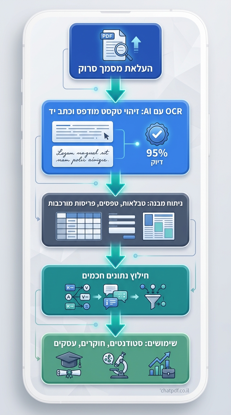vertical 9:16 phone-screen infographic as a document processing flowchart in clean modern style with blues, slate grays, teals color palette. Top section: blue rounded rectangle icon of scanned PDF upload labeled "העלאת מסמך סרוק" with document graphic and upload arrow. Thick teal arrow pointing down to middle blue box labeled "OCR עם AI: זיהוי טקסט מודפס וכתב יד" with icons of text lines, handwriting sample, and 95% accuracy badge. Arrow down to slate gray box labeled "ניתוח מבנה: טבלאות, טפסים, פריסות מורכבות" with table grid icon. Arrow down to teal box labeled "חילוץ נתונים חכמים" with data extraction icons like key-value pairs. Bottom green rounded rectangle labeled "שימושים: סטודנטים, חוקרים, עסקים" with student hat, researcher microscope, business chart icons. Flow direction top-to-bottom with subtle glow effects on arrows. Small credit text: chatpdf.co.il in bottom-right corner in gray font.
