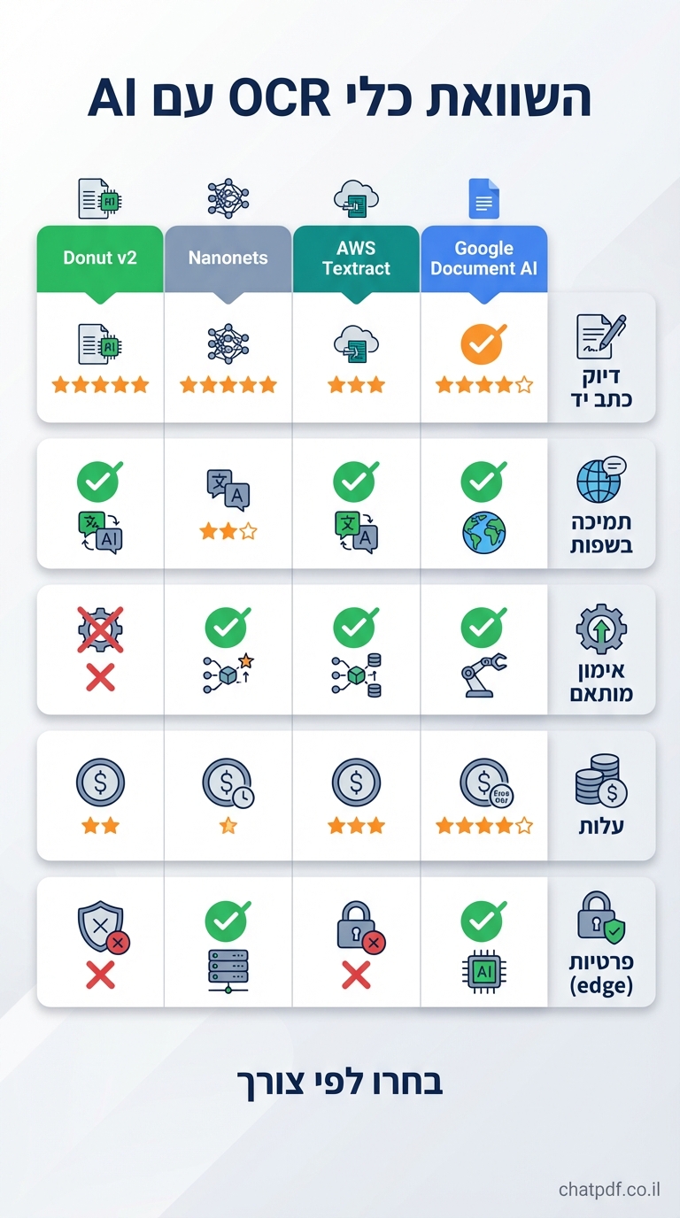 vertical 9:16 comparison table infographic for OCR tools. 4 columns: Google Document AI (blue), AWS Textract (teal), Nanonets (slate gray), Donut v2 (green). Rows labeled in Hebrew: "דיוק כתב יד", "תמיכה בשפות", "אימון מותאם", "עלות", "פרטיות (edge)". Use green checkmarks, orange stars (1-5), red X marks. Top header "השוואת כלי OCR עם AI" in bold blue. Bottom: "בחרו לפי צורך" label. Credit: chatpdf.co.il bottom-right. Clean icons per row.